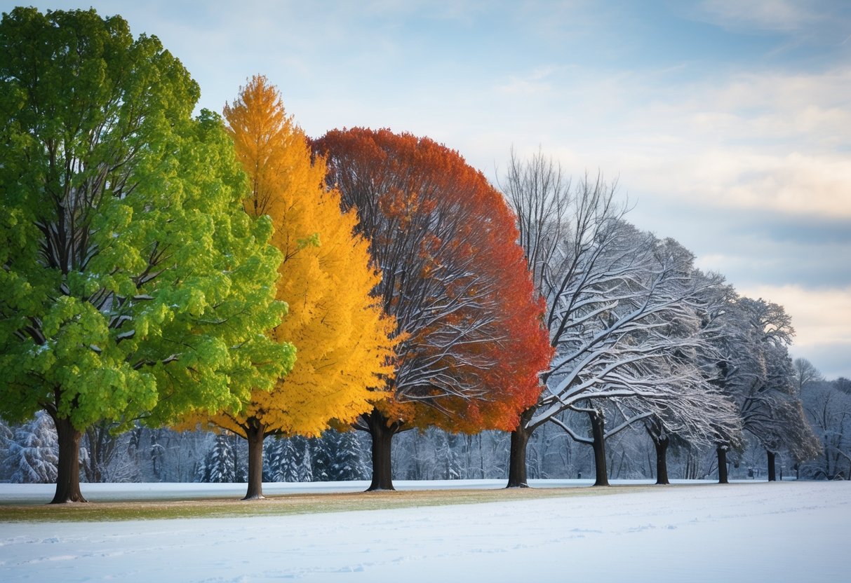 A tree changing with the seasons, from lush green leaves to colorful autumn foliage, then bare branches covered in snow