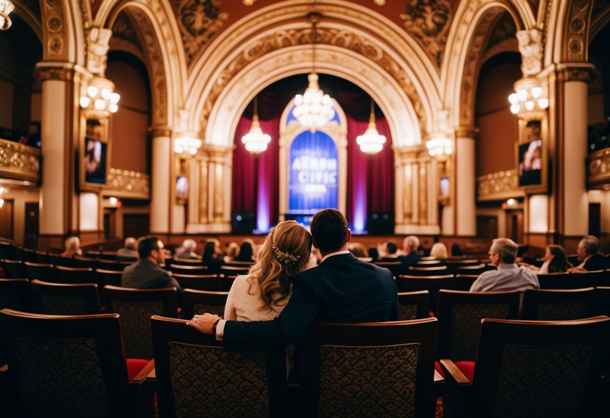 A couple sits in the ornate Akron Civic Theatre, surrounded by grand arches and intricate details, watching a romantic show together