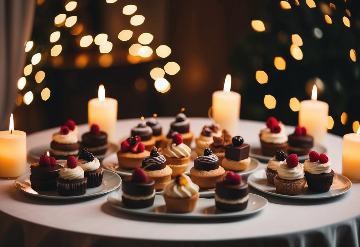 A table set with an assortment of decadent desserts, surrounded by soft candlelight and a cozy ambiance