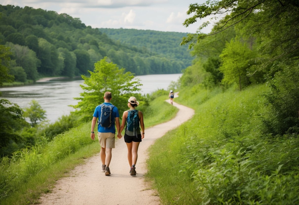 A couple hikes along a winding trail in Cuyahoga Valley National Park, surrounded by lush greenery and a serene river