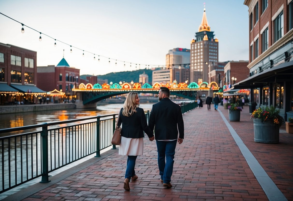 A couple strolling along the Tennessee River, passing by the colorful lights and bustling activity of Market Square in downtown Knoxville