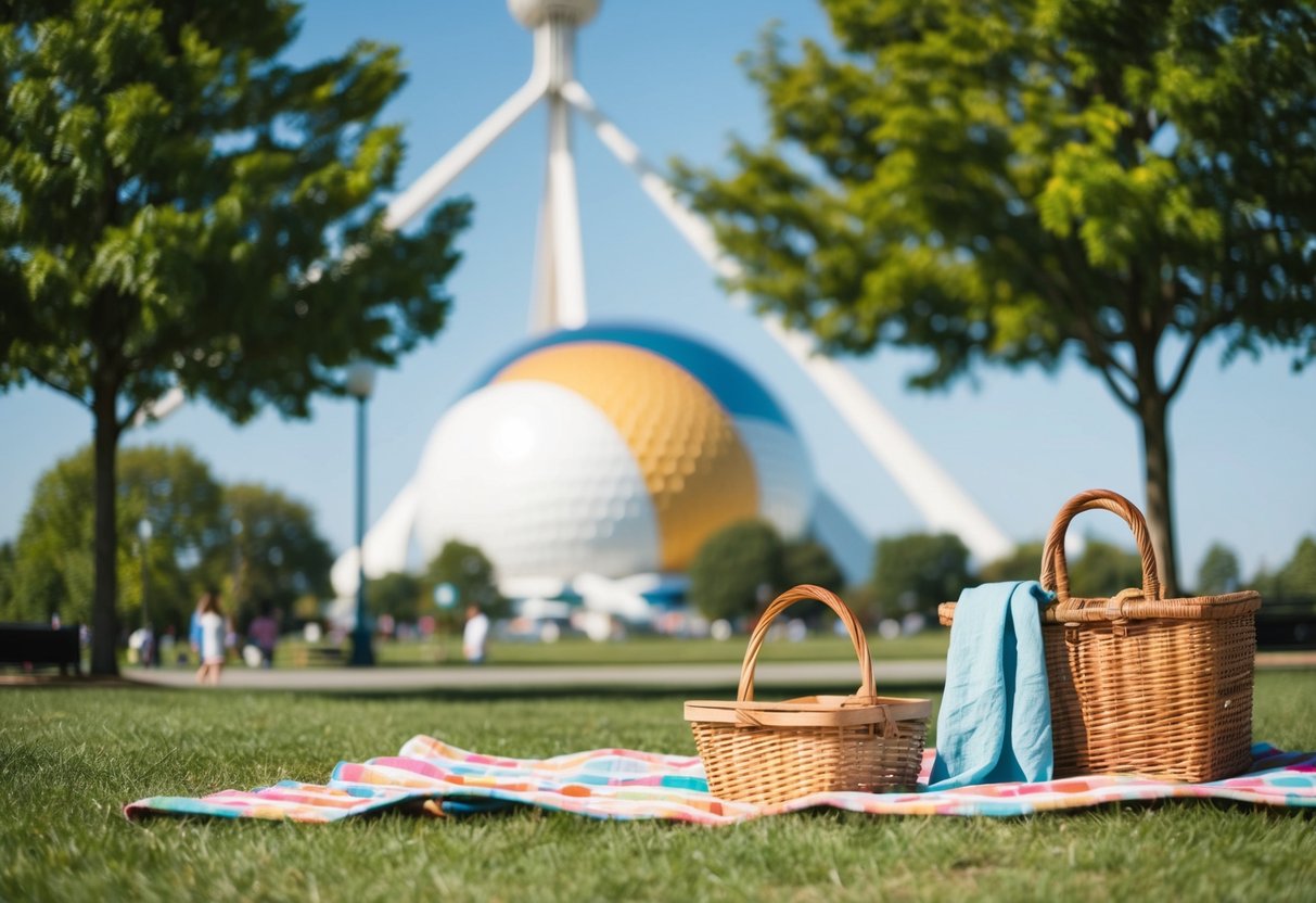 A sunny day at World's Fair Park, with a picnic blanket, basket, and view of the Sunsphere