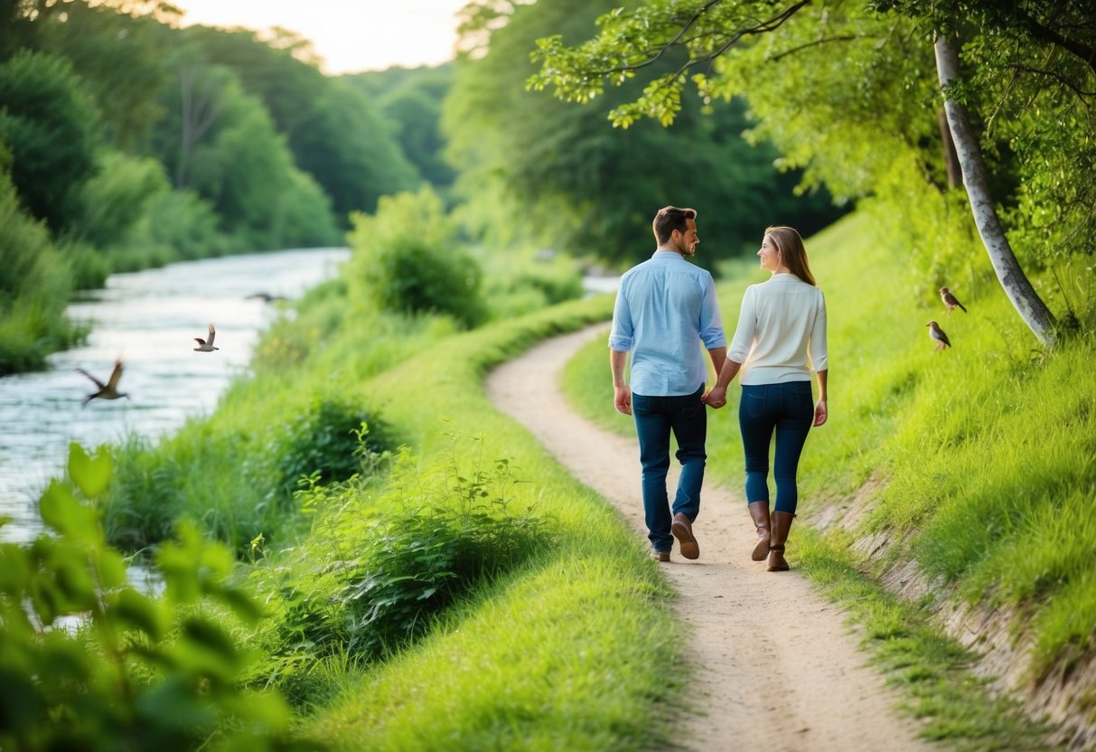 A couple walks hand in hand along a winding trail through lush greenery, with a serene river flowing nearby and birds chirping in the trees