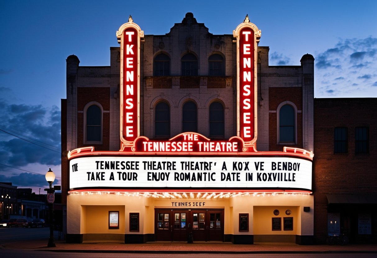 The Tennessee Theatre marquee shines brightly against the evening sky, inviting visitors to take a tour and enjoy a romantic date in Knoxville, TN