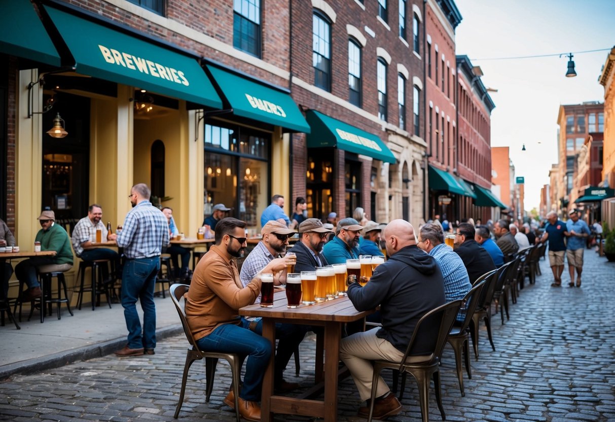 A row of historic breweries line the cobblestone streets of Old City, with patrons sampling craft beers at outdoor tables