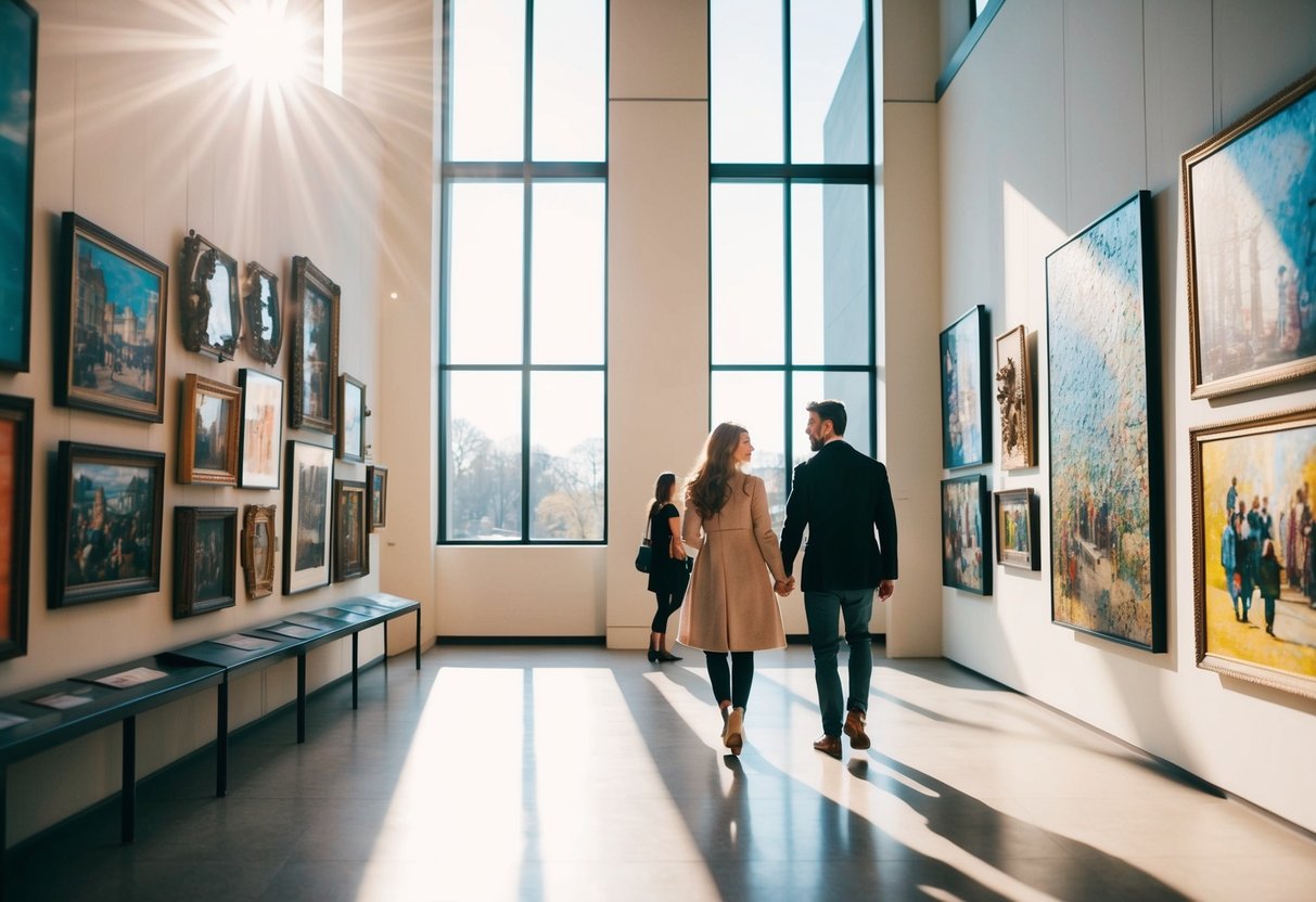 Sunlight streams through the museum's large windows, illuminating the diverse collection of art. A couple strolls hand-in-hand, admiring the vibrant paintings and sculptures