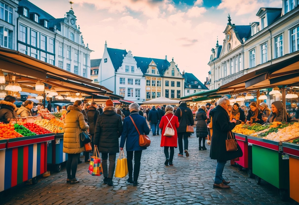 People browsing colorful stalls at Market Square, surrounded by historic buildings and lively atmosphere