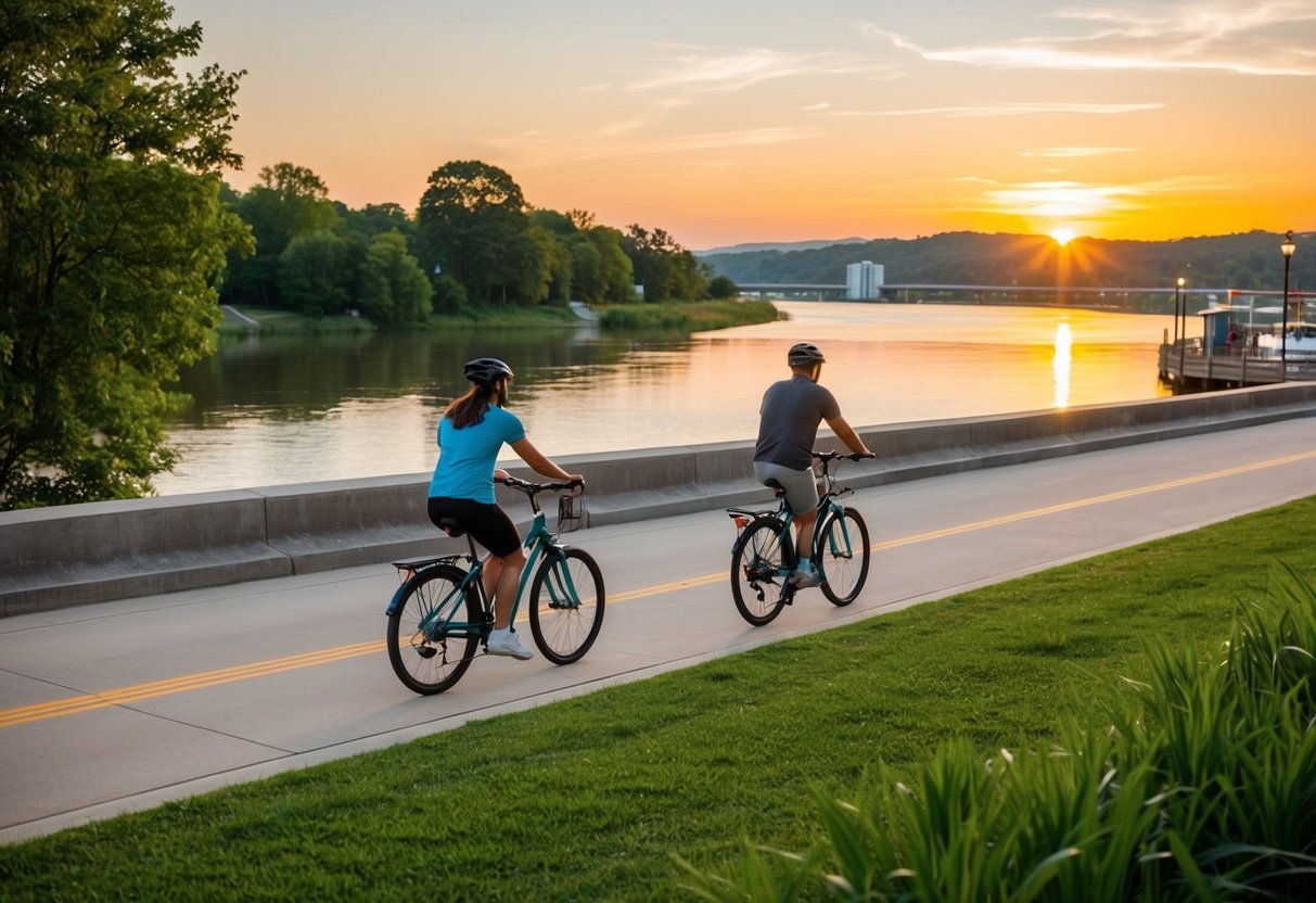 A couple bikes along the Tennessee River at sunset, passing by lush greenery and a serene waterfront in Knoxville, TN