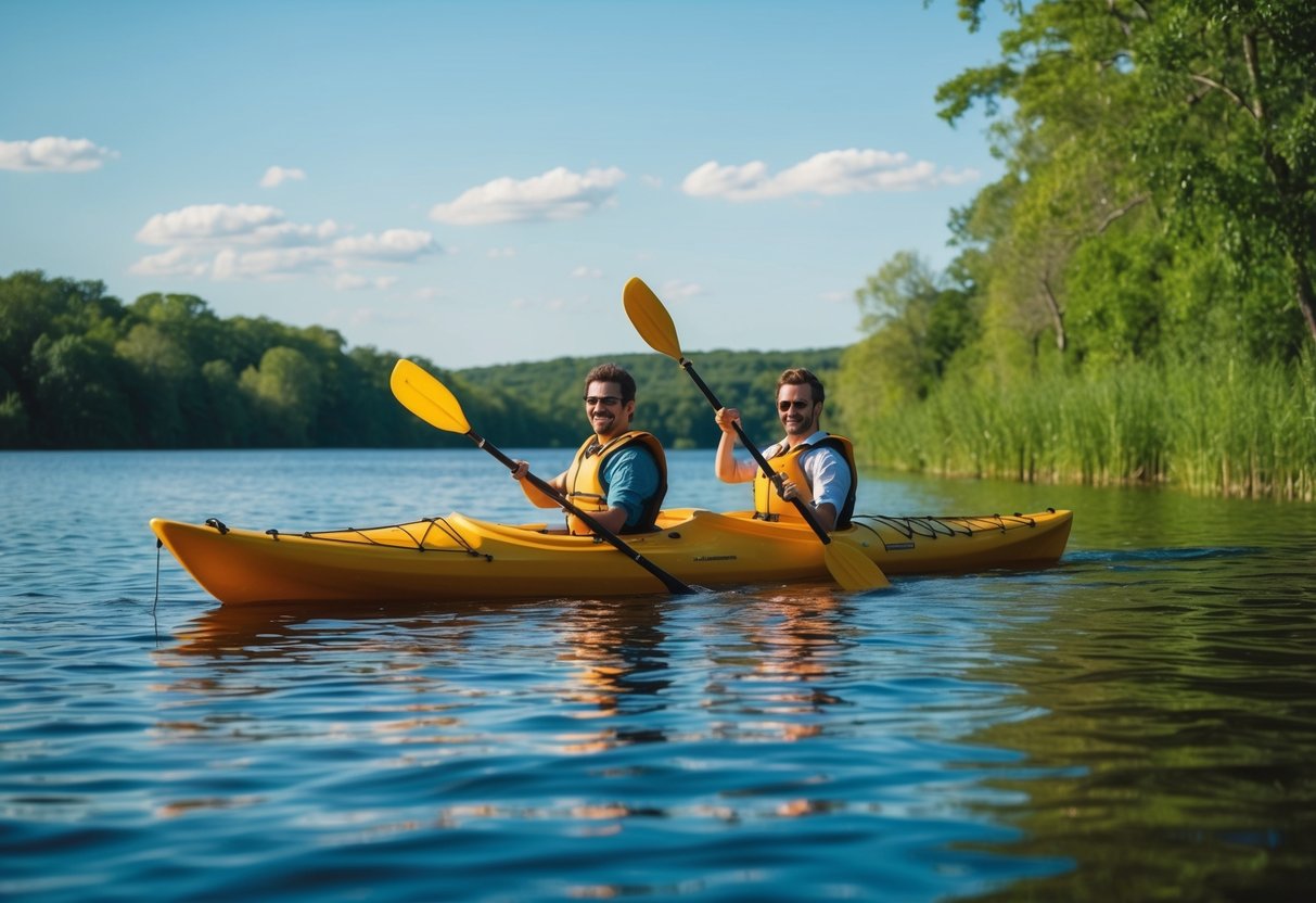 A couple kayaking on Lake Morton, surrounded by lush greenery and the tranquil water reflecting the clear blue sky