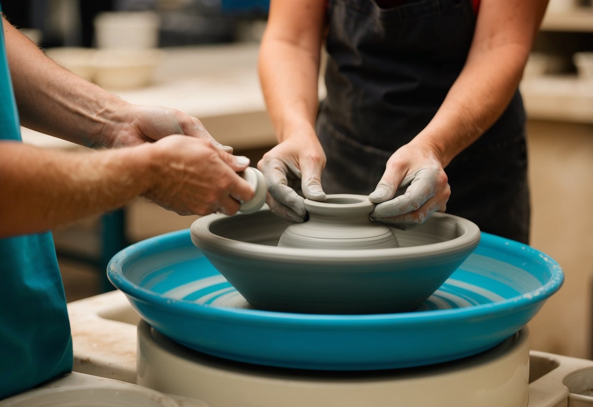 A pottery wheel spins as hands shape clay at Mighty Mud in Knoxville, TN