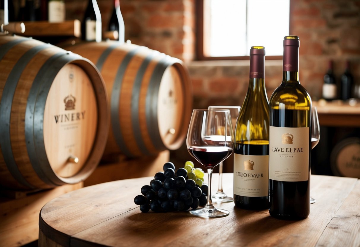 A cozy winery with barrels, wine bottles, and glasses on a wooden table. Soft lighting and a rustic atmosphere