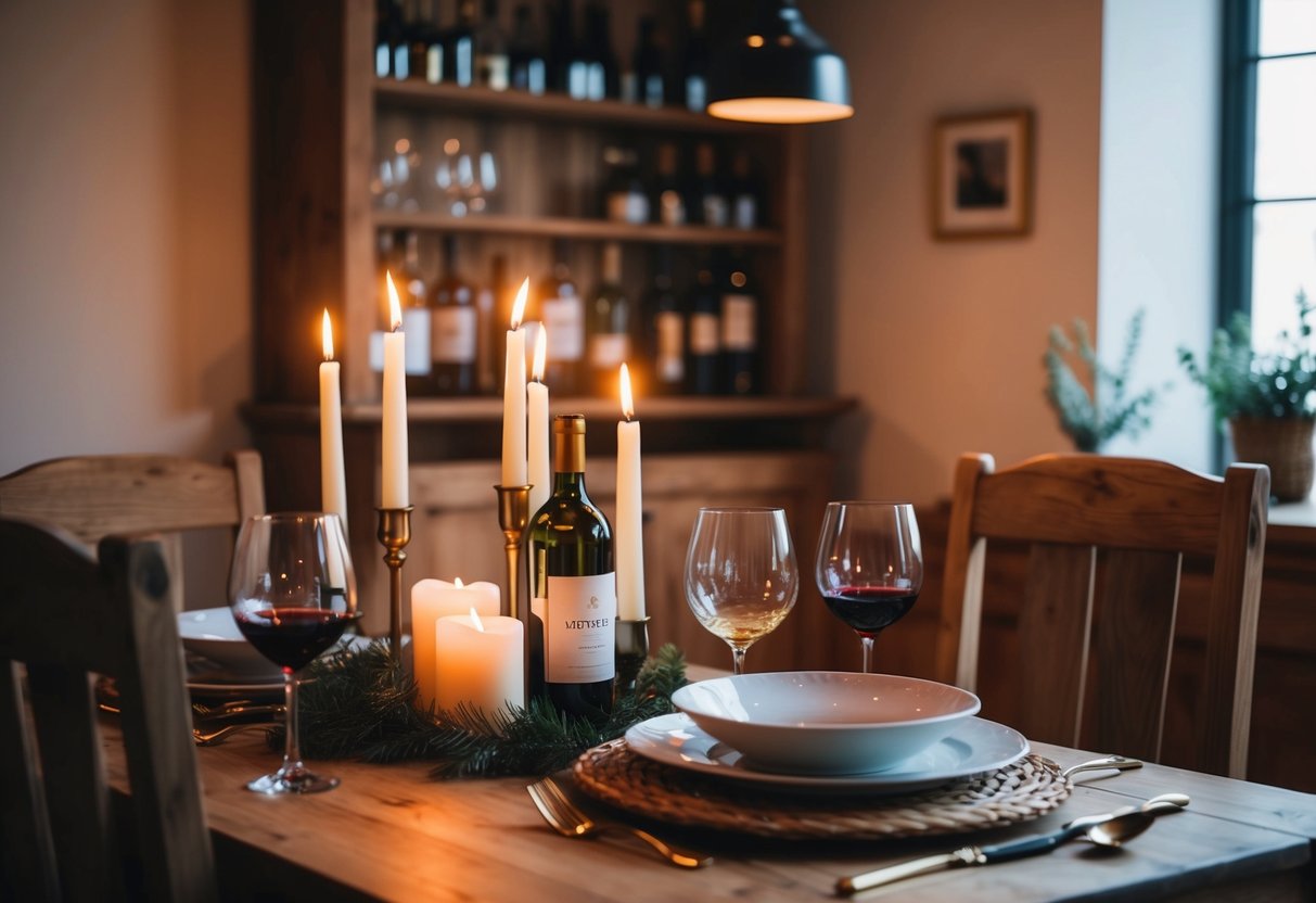 A cozy table set with candles and wine at The Joinery