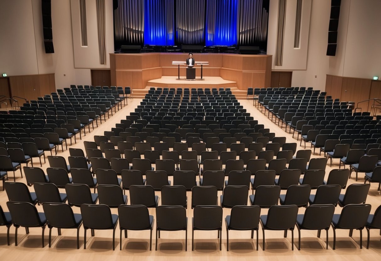 The stage is set with rows of empty seats facing a grand orchestra. The conductor's podium stands empty, awaiting the maestro's arrival