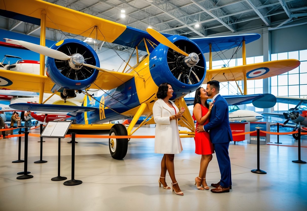 A colorful vintage airplane exhibit at the Florida Air Museum with couples admiring the displays and enjoying a date