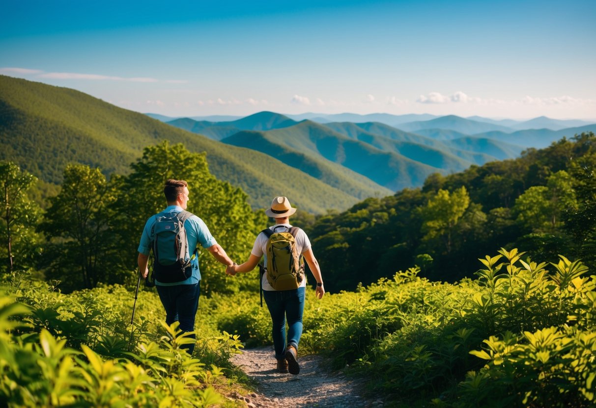 A couple hikes through lush forest in the Smoky Mountains, with rolling hills and a clear blue sky in the background