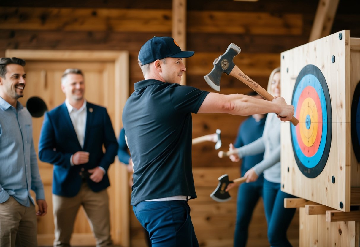 A person throws an axe at a target in Craft Axe House, surrounded by other people enjoying the activity