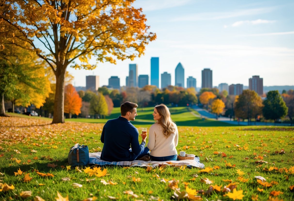 A couple picnicking in a lush Knoxville park, surrounded by colorful autumn leaves and enjoying the scenic view of the city skyline