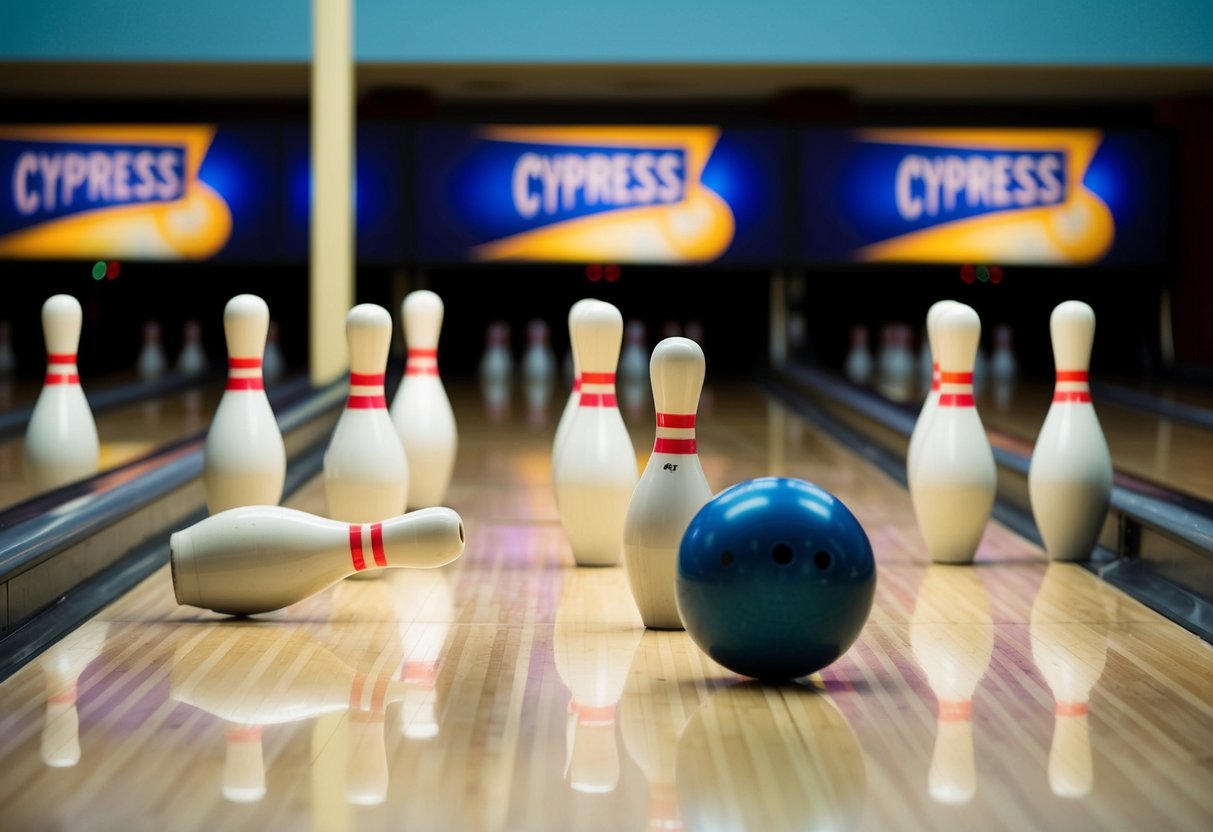A group of bowling pins scatter as a ball rolls down the lane at Cypress Lanes in Lakeland, FL. The sound of crashing pins fills the air
