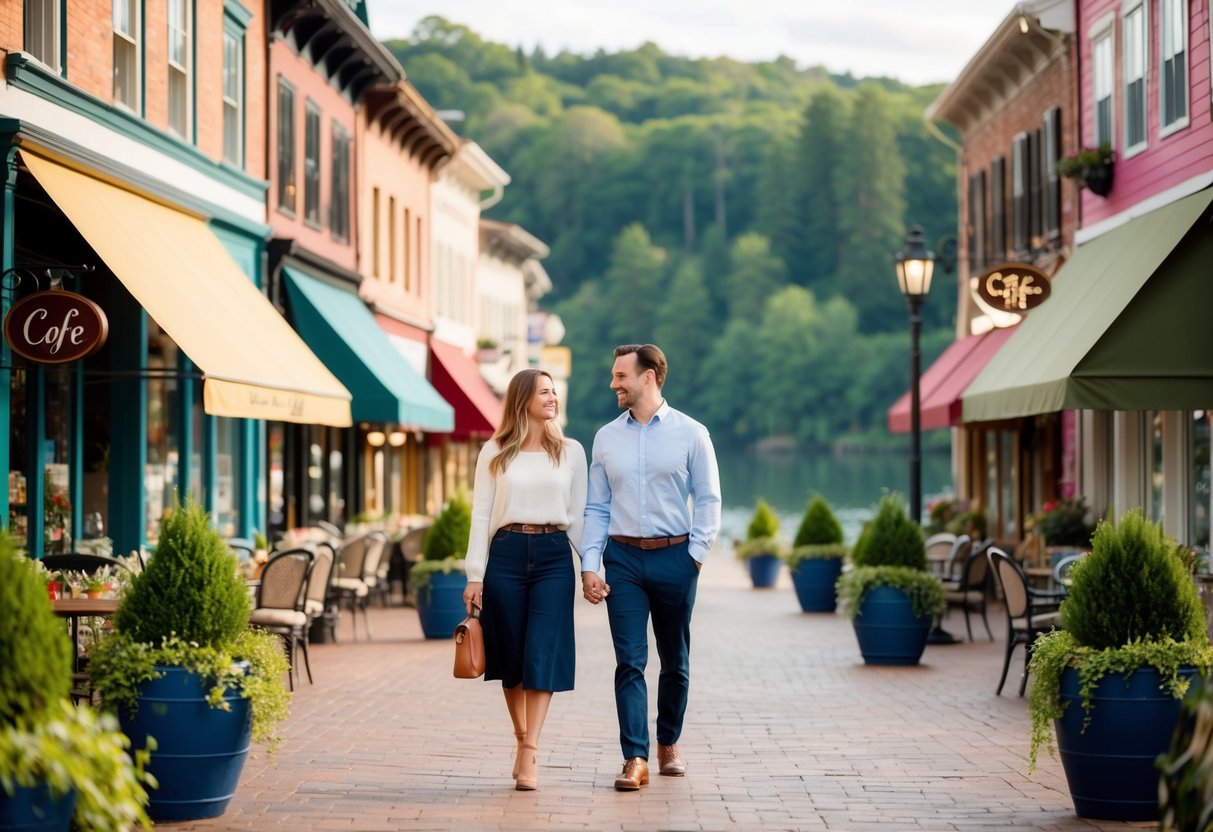 A couple strolling through a charming downtown area with colorful storefronts and cozy cafes, surrounded by lush greenery and a serene lake