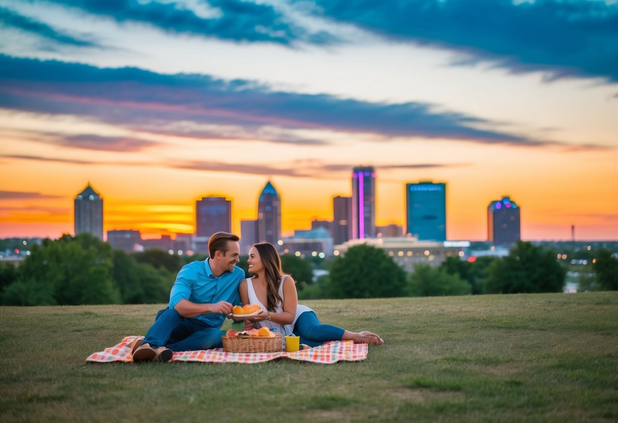 A couple picnicking in a serene Oklahoma City park, with a view of the downtown skyline and a colorful sunset in the background