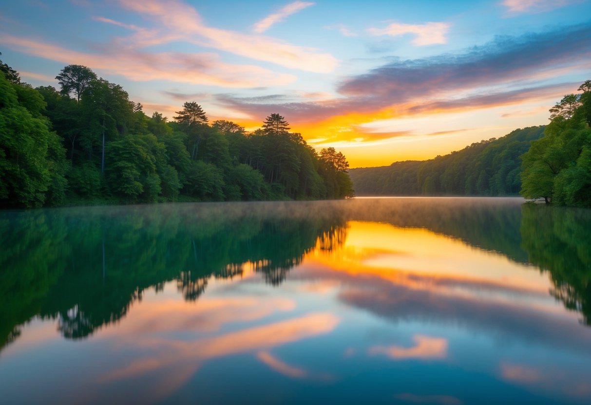 A serene lake surrounded by lush greenery, with a colorful sunset reflecting on the water