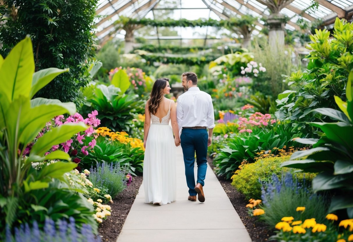 A couple walks among lush greenery and colorful flowers in Myriad Botanical Gardens, surrounded by the peaceful beauty of nature