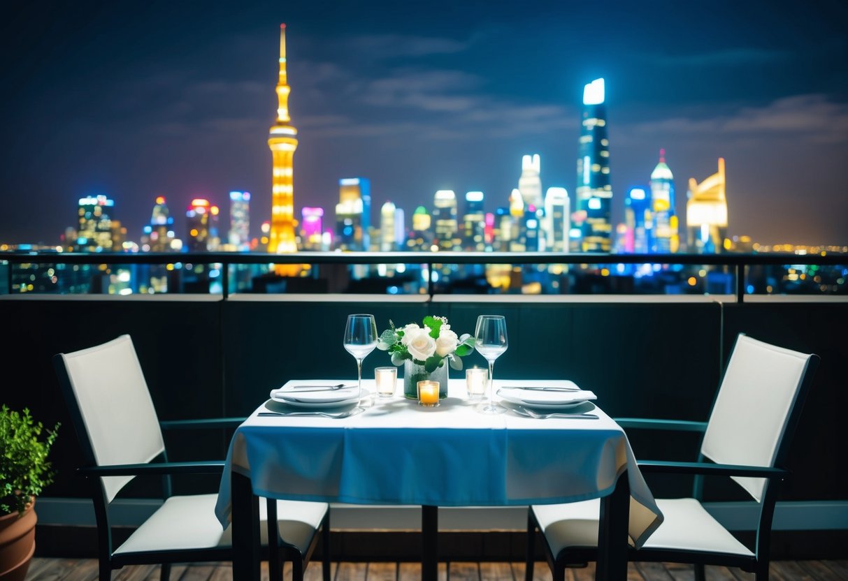 A table set for two on a rooftop terrace, overlooking the glittering city skyline at night