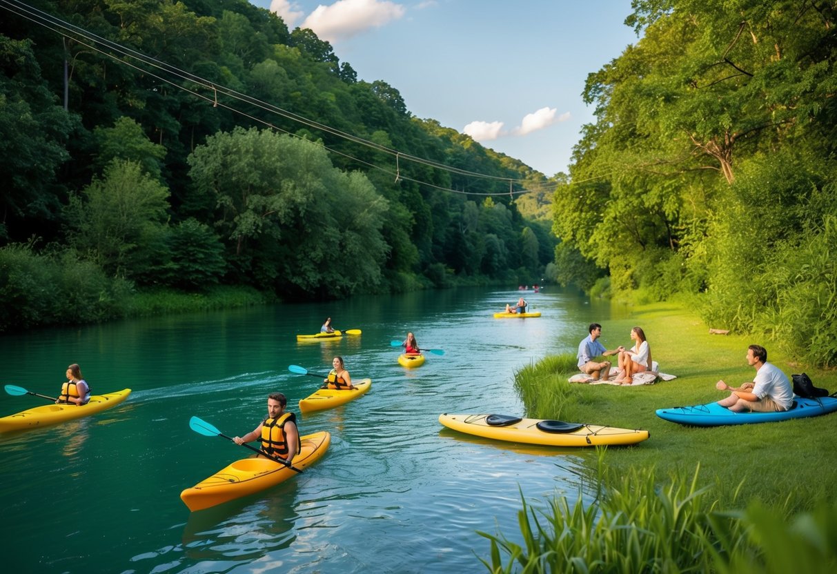 A serene river flows through lush greenery, with kayaks and paddleboards dotting the water. A zip line cuts through the sky, and couples enjoy a peaceful picnic on the riverbank