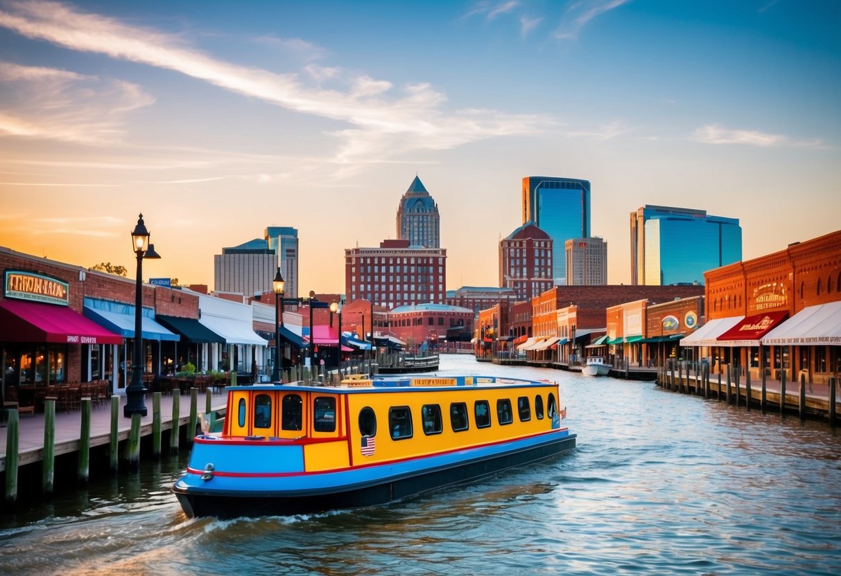 A colorful canal boat glides through Bricktown, passing by charming shops and restaurants, with the Oklahoma City skyline in the background