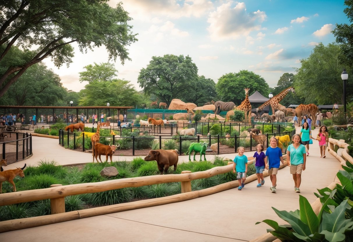Colorful animals roam in spacious enclosures at the Oklahoma City Zoo, surrounded by lush greenery and playful features. Visitors stroll along winding paths, enjoying a wild and vibrant atmosphere