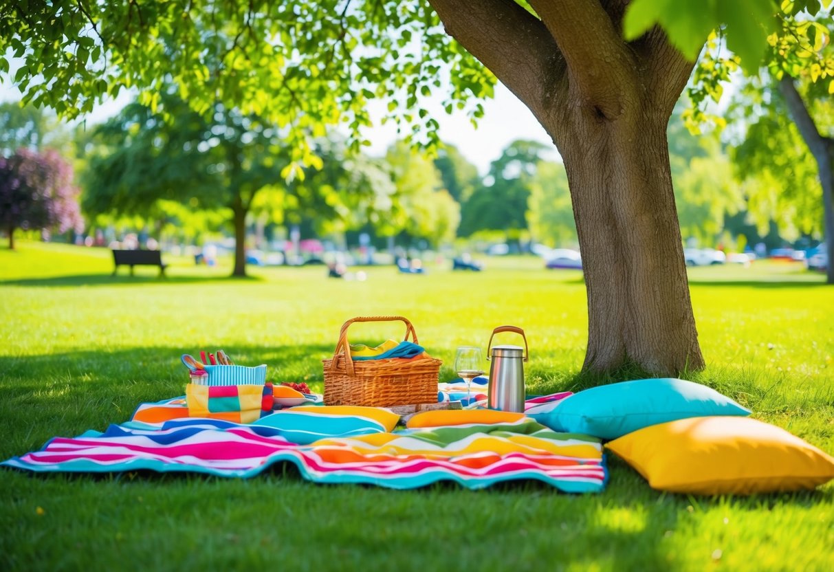 A colorful picnic spread under a shady tree in a vibrant park. Sunshine, greenery, and a relaxed atmosphere