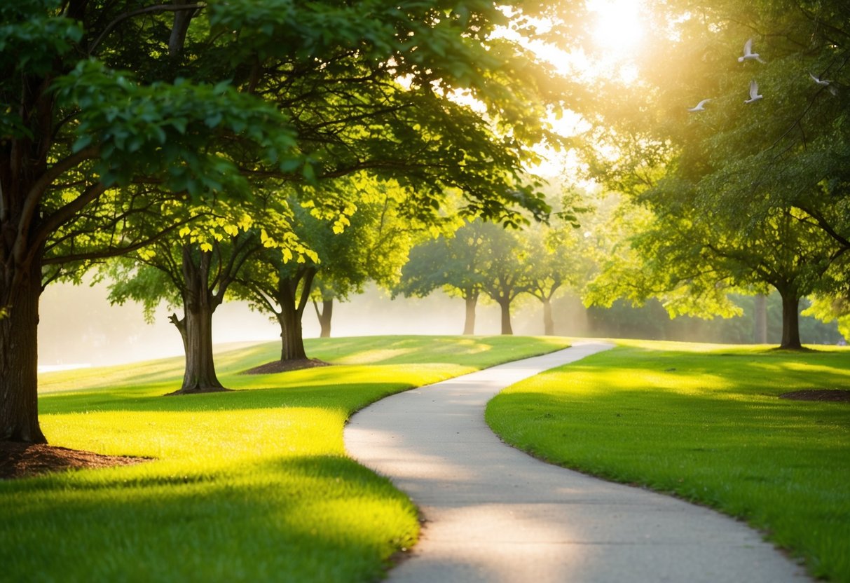 A winding path through lush greenery, with sunlight filtering through the trees and birds chirping overhead at Martin Park Nature Center