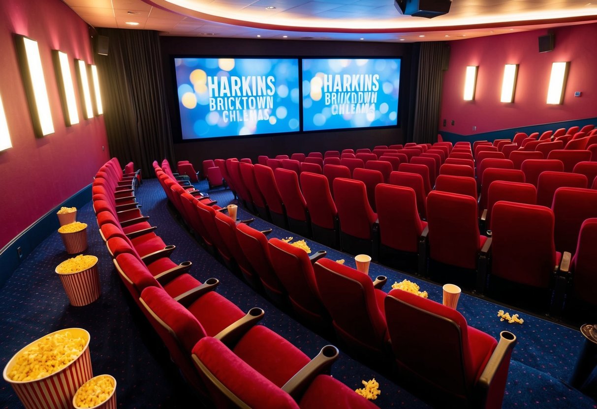 The theater is filled with glowing screens and rows of red seats. Popcorn and drinks are scattered on the floor. The movie plays on the large screen at Harkins Bricktown Cinemas