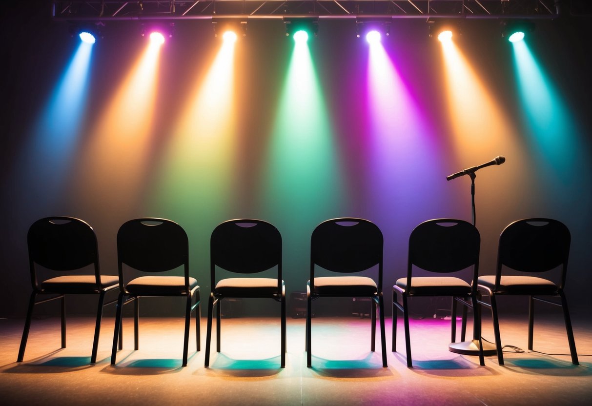 A stage with colorful lights, a microphone, and a group of empty chairs arranged in front of it