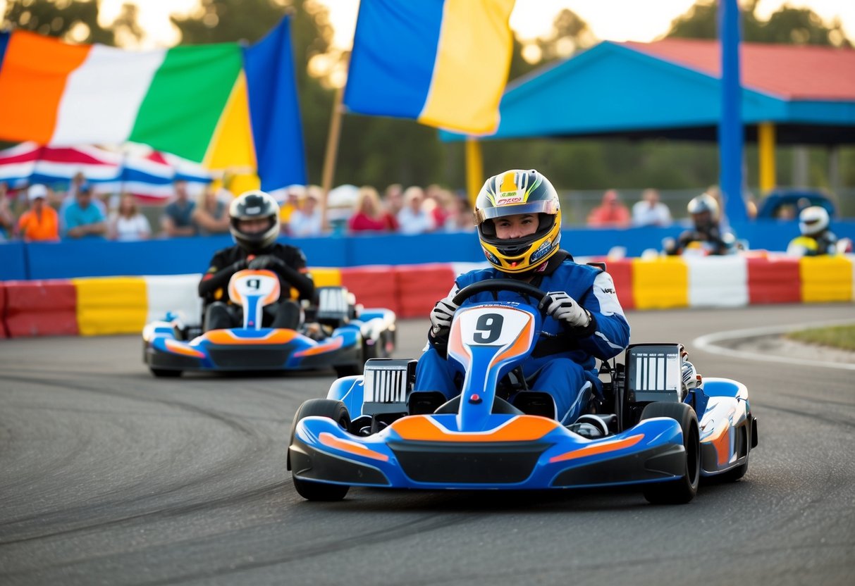 Racing go-karts around a track at Kissimmee, with colorful flags and cheering spectators