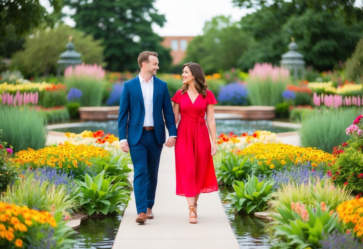 A couple strolls through a charming botanical garden, surrounded by colorful flowers and tranquil water features, perfect for a romantic date in Oklahoma City