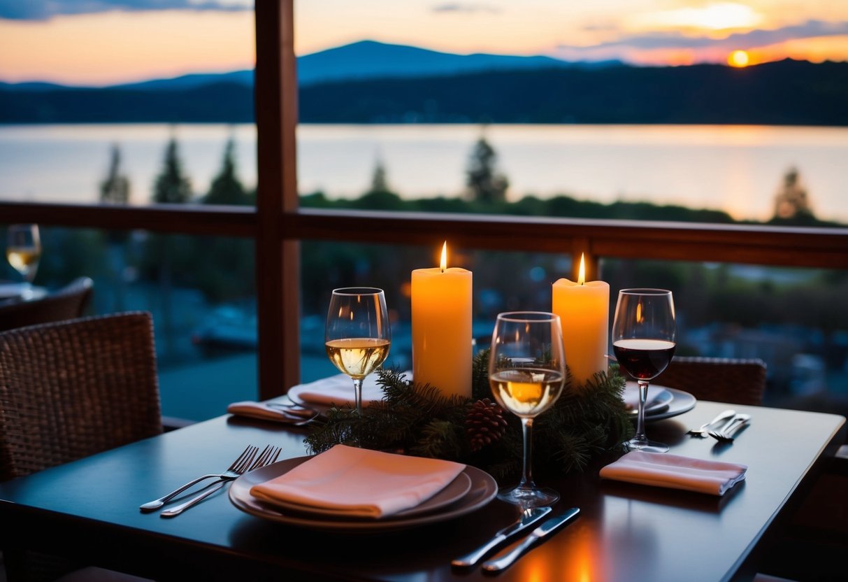 A cozy table set with candles and wine at Columbia Restaurant, with a view of the sunset over the lake