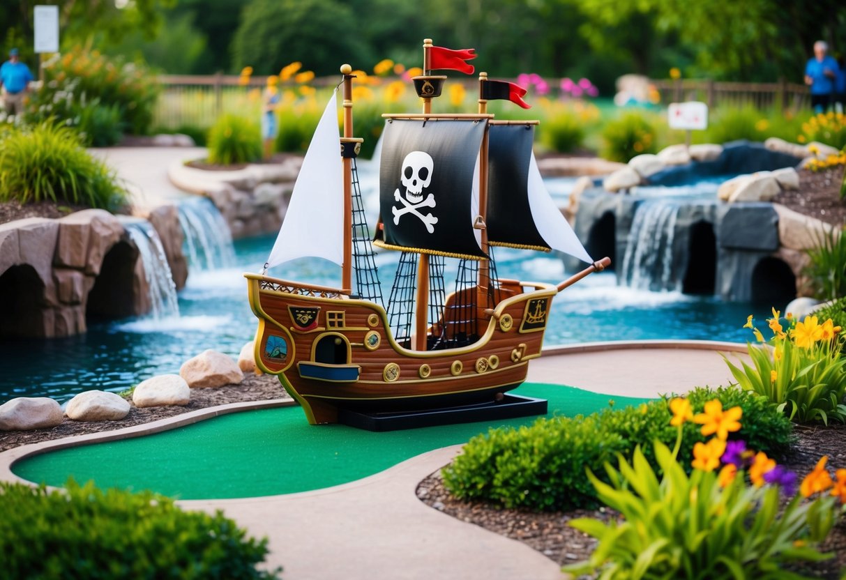 A pirate ship sails through a mini golf course with waterfalls and caves, surrounded by lush greenery and colorful flowers