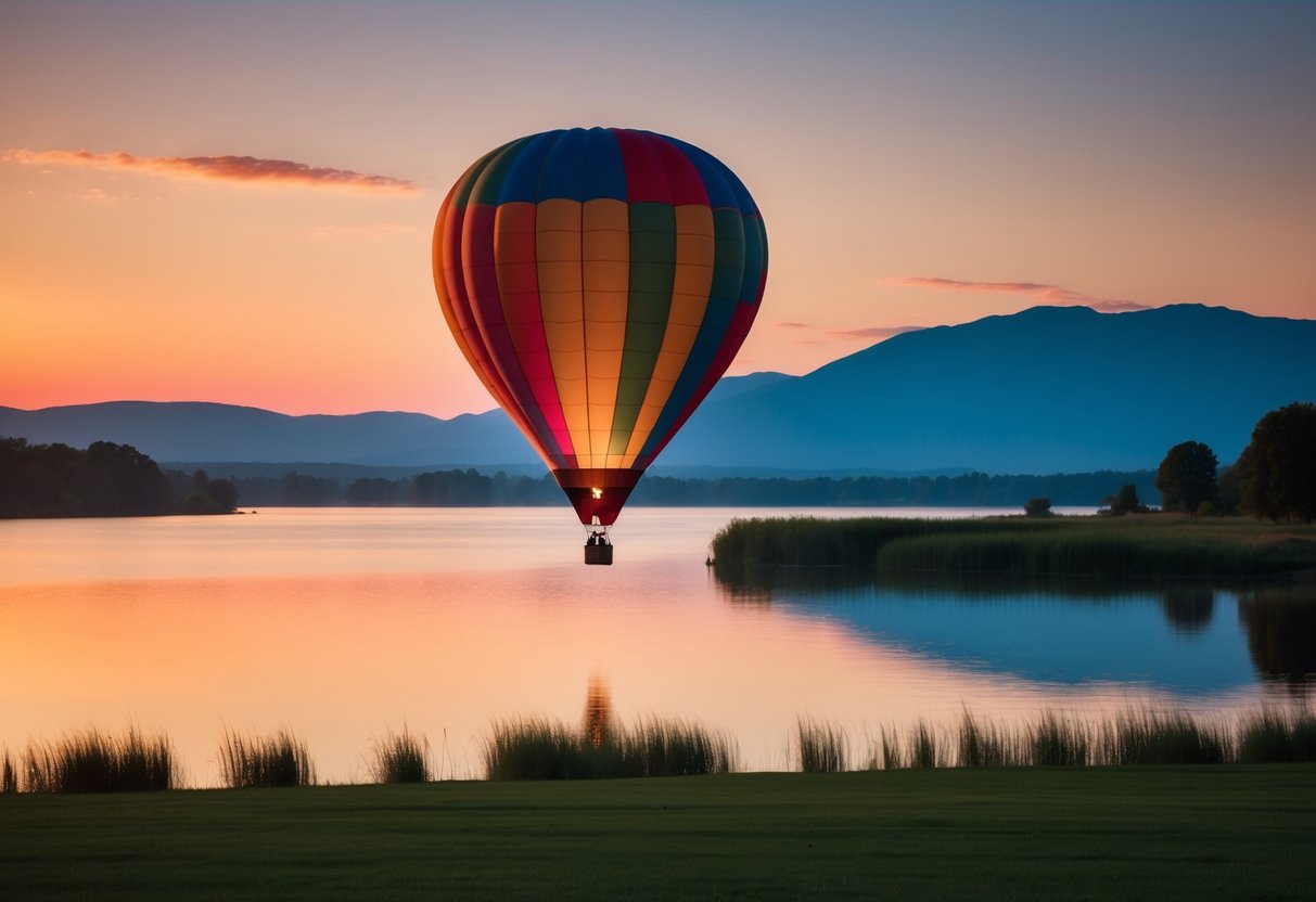A colorful hot air balloon floating over a serene lake at sunset