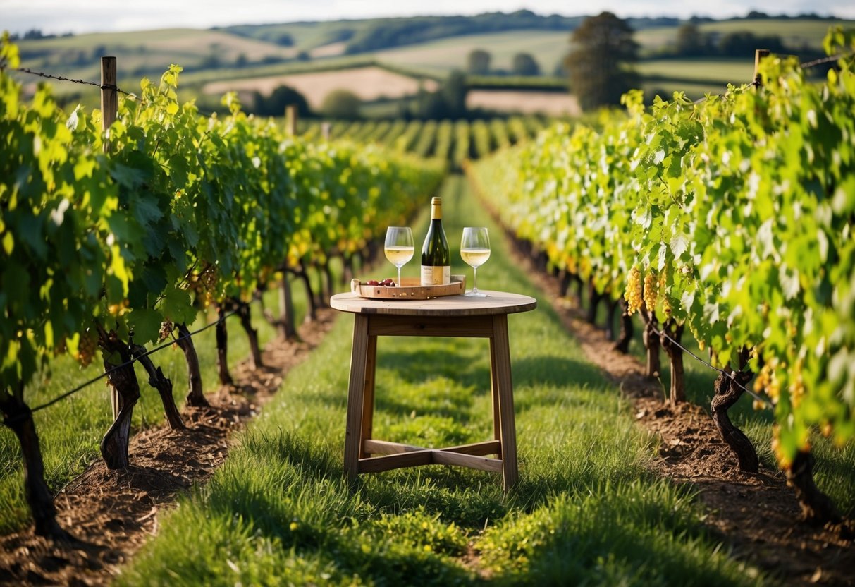A cozy vineyard in Gloucestershire, with rows of grapevines, a rustic tasting table, and a picturesque countryside backdrop