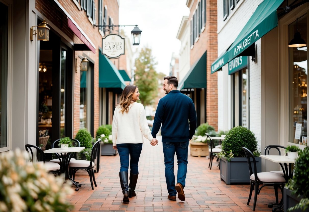 A couple strolling through a charming downtown area, passing by cozy cafes and boutique shops in Alpharetta