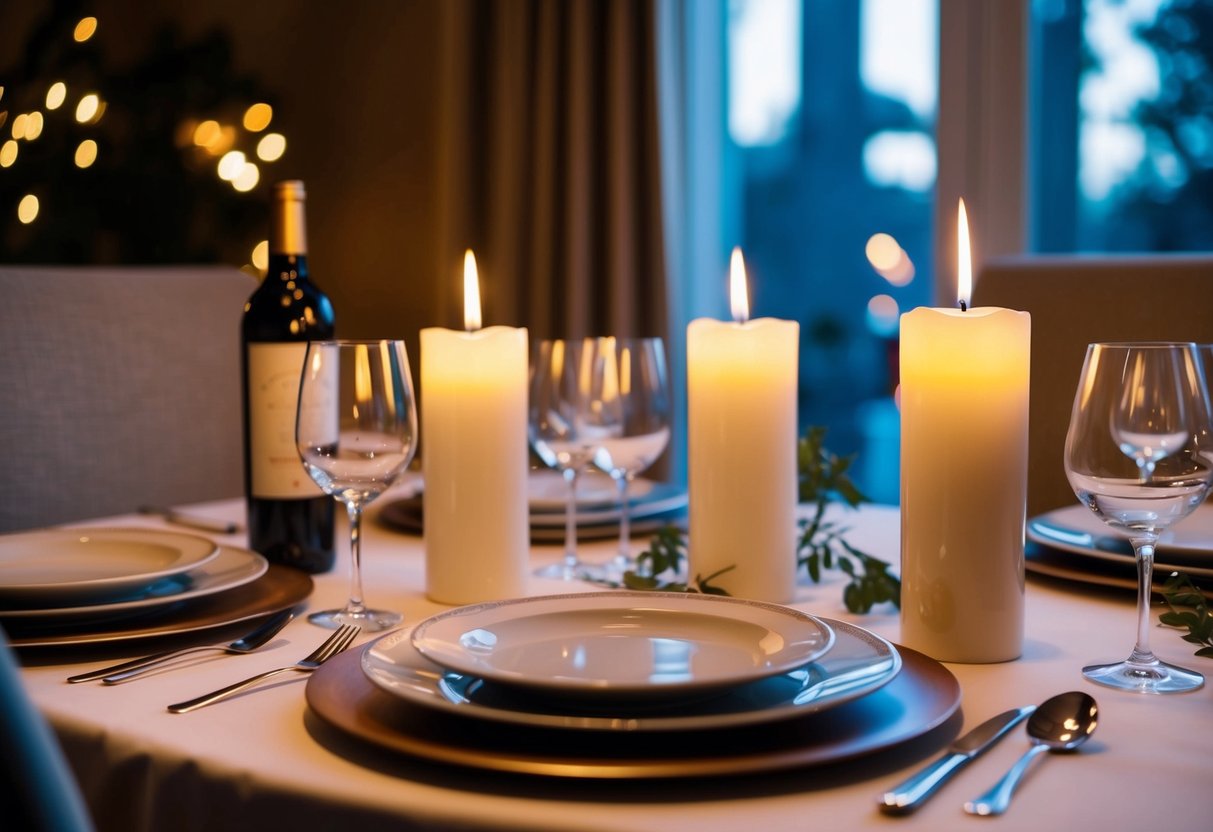 A candlelit table set with elegant dinnerware and a bottle of wine, surrounded by soft lighting and a cozy atmosphere