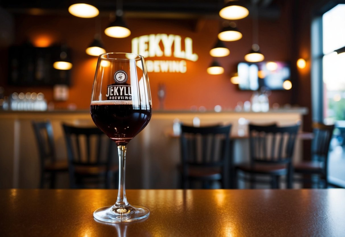 A wine glass on a table at Jekyll Brewing, with a cozy and romantic atmosphere