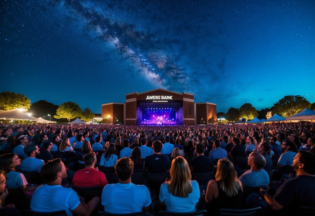 A vibrant outdoor concert at Ameris Bank Amphitheatre, with a crowd of enthusiastic fans enjoying live music under the starry night sky