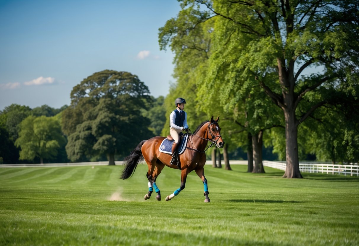 A rider gallops through the lush green fields of Wills Park, surrounded by tall trees and a clear blue sky
