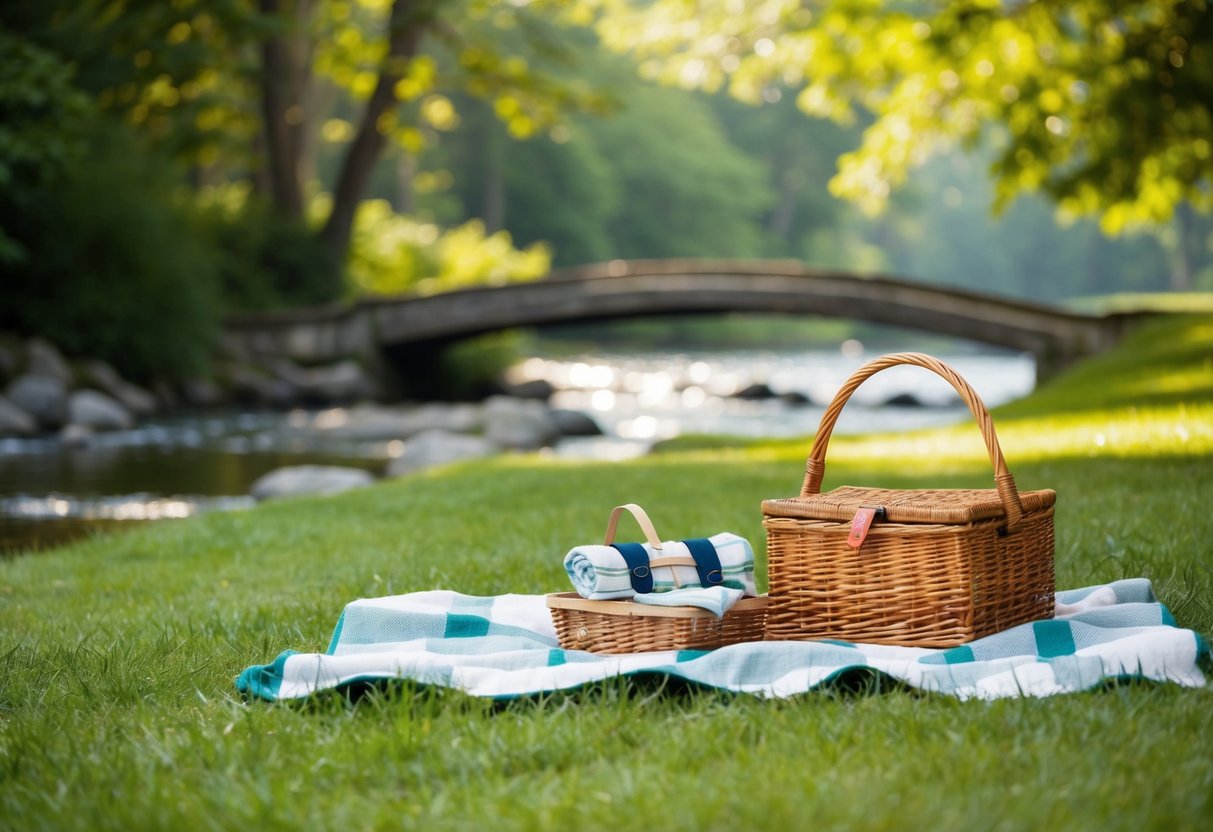 A serene picnic scene at Rock Mill Park with a blanket, basket, and a bubbling stream