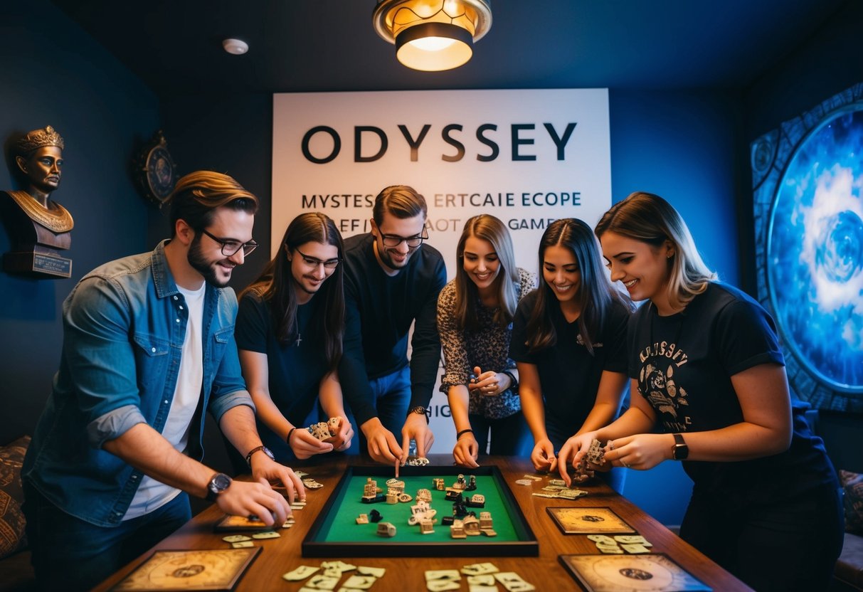 A group works together to solve puzzles in a themed room at Odyssey Escape Game, surrounded by mysterious artifacts and clues
