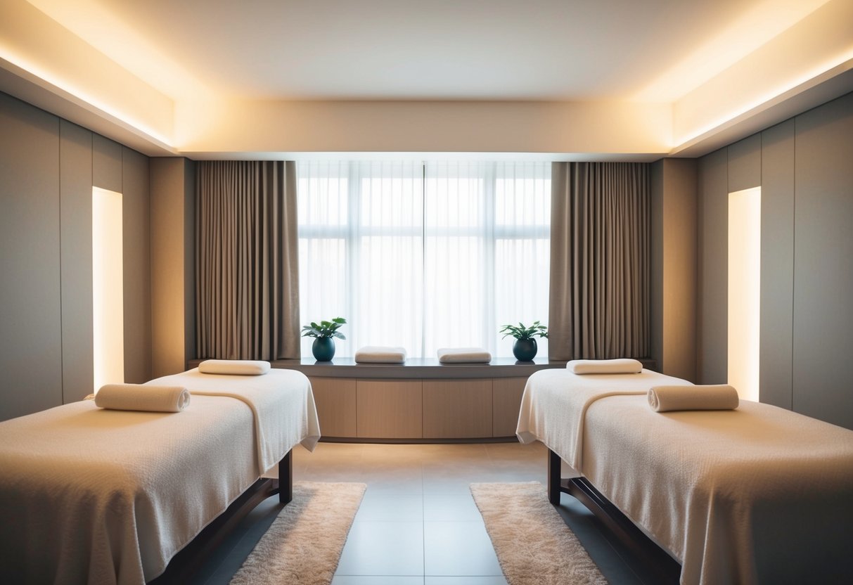 A serene spa room with two massage tables surrounded by soft lighting and soothing music