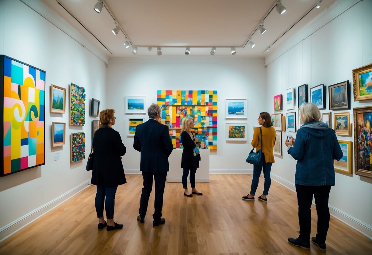 A colorful art gallery filled with diverse paintings and sculptures, with visitors admiring the creative works