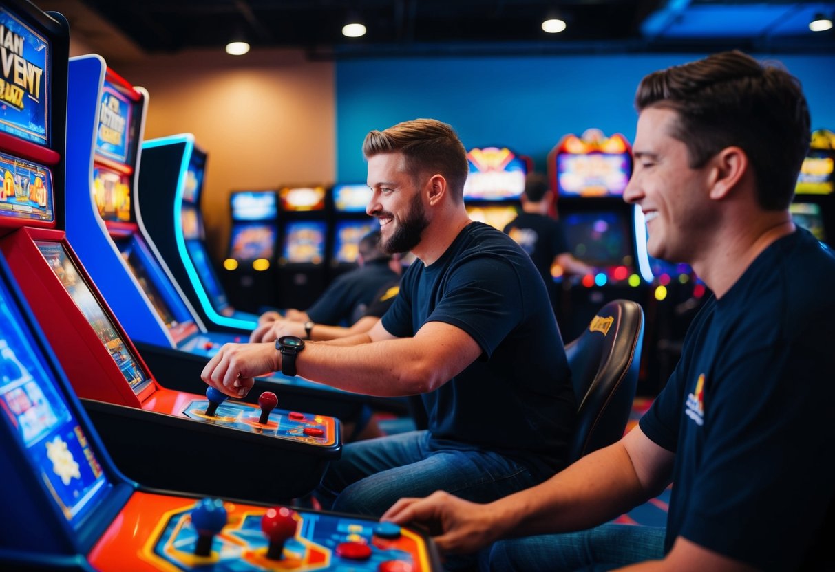 Two people compete in arcade games at Main Event Alpharetta